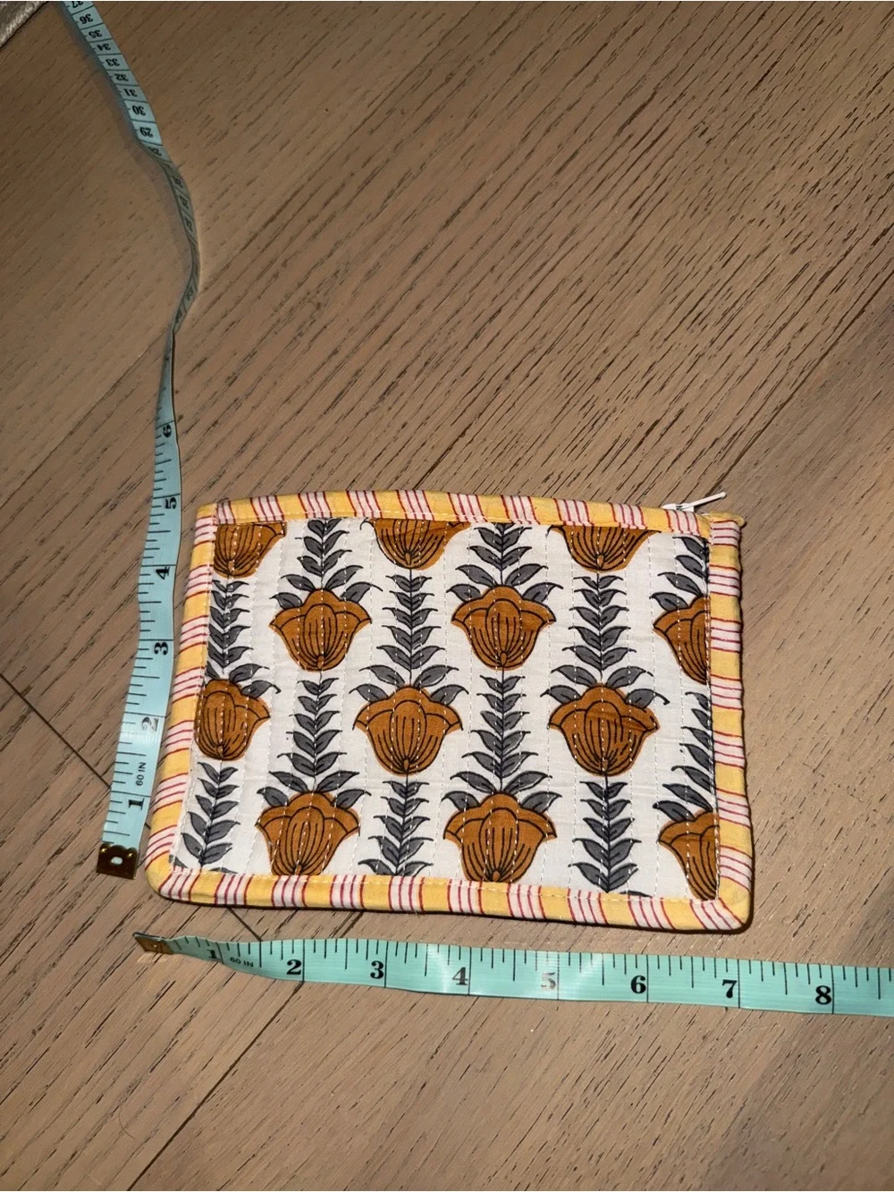 New & Handmade - Quilted Floral Card Wallet in Mustard Yellow and White Pouch